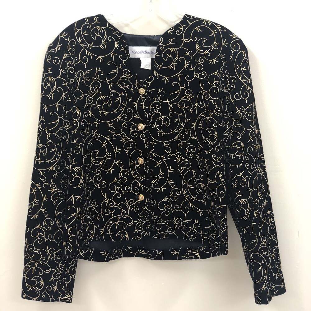Vintage Norton McNaughton Black Gold Filigree Womens Size 6 Velvet Blazer Jacket